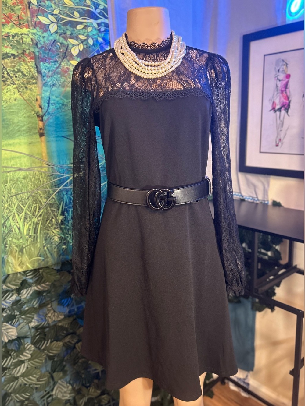Black Lace Long-Sleeve A-Line Dress NWOTs!
